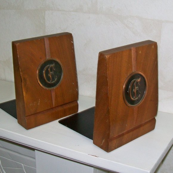 Pair Vintage Bookends Wood Metal Copper